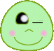 Two light green oval faces with pink cheeks, black eyes with white highlights, and curved smiles; left face has one eye closed with a horizontal line, right face has both eyes open.
