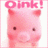 Pixelated pink cartoon animal face with dark brown eyes, rounded ears, and a white nose against a light background.