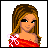 Pixel art contact sheet showing a female character's outfit and text elements across multiple frames with visible animation changes in hair, clothing, and pose.