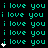 cyan 'i love you' text on black background with white pixelated hearts appearing at specific positions