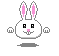 Pixelated white rabbit head with pink inner ears, black eyes, and a small pink nose; four variations show different ear positions while maintaining consistent facial expression.