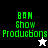 Green pixelated text 'BAM Show Productions' on black, white, and gray backgrounds with a white star cursor on black and black star cursor on white.