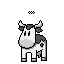 Pixelated cow avatar with black-and-white patches stands against gray background, text above changes from '...' to 'MUH' in multiple variations.