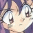 Anime-style character with purple hair and large eyes, side profile on left, black background with white text on right.