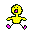Pixelated yellow figure with green outline, pink mouth and feet, in two poses showing different arm positions against gray background.