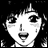A black-and-white pixelated contact sheet showing two frames of an animated icon featuring a stylized anime character face and text elements.