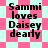 Four identical display black text on a light cyan background with pink geometric patterns, each reading "Sammi loves Daisey dearly" in pixelated font