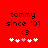 Red background displays 'tommy since '01' text with '<3' symbol and five heart icons, where the third heart shifts from white to pink between frames.