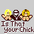 Pixel art image with three characters and text reading 'Is That Your Chick' on a gray background.