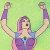 Pixelated cartoon character with raised arms next to green text logo on dark background.