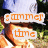 A pixelated image of a person wearing a light blue cap and white shirt with green foliage background, displaying orange text reading 'summer time' in two parts.