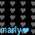 repeated gray heart shapes on a black background, with five distinct 'marly' text variations each paired with a colored heart symbol