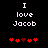Pixelated text reads 'I love Jacob' above red heart symbols on a black background, with two distinct animation states showing different heart arrangements.