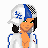Pixel art contact sheet showing two frames of an animated icon featuring a cartoon woman in blue-and-white sports attire with a Kentucky logo, holding a pom-pom and standing next to a sign reading "sexy".
