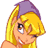 Pixelated cartoon-style icon of a character with blonde hair and purple headwear, showing partial face in profile view against white background.