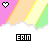 Pixelated icon with pink, orange, yellow, and green diagonal stripes above white cloud-like base; heart symbol changes color while text below shifts hue.