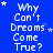 Blue background with white pixelated text repeating "Why Can't Dreams Come True?" and small white stars scattered throughout.