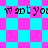 Pixelated cyan and pink checkered background with repeated text "w aot you" in dark purple, two of diamond-shaped patterns