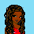Pixel art contact sheet of a female character in red bikini top and black shorts with various poses, accessories, and animation frames on light blue background.