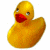 A static pixelated image of a yellow rubber duck with red beak against white background, next to green text reading 'Original Icons .com' on dark green background.