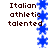 Blue star-shaped icons with brown text reading Italian athletic talented arranged in vertical on a white background