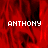 Red background with white pixelated text 'ANTHONY' in three positions, one section grayed out.
