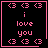 Four identical pink pixel-art on black background display 'i love you' text with heart symbols, one shows a hand cursor over the rightmost heart