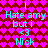 Pixelated text on a red heart-patterned background with cyan and pink colors, showing repeated phrases and names.