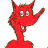 Red cartoon character with long neck, two horns, and wide eyes extends right hand while standing next to blue shoes on red legs.