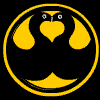 Circular icon with black background, yellow border, and central yellow heart shape flanked by two curved side shapes; text "Voltar" appears below the heart in varying shades of gray.