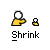 A static contact sheet showing two identical frames of a pixelated yellow stick figure icon with white head and black outline, labeled "Shrink" below each frame, alongside red text promoting badassbuddy.com on gray background.