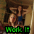 Pixelated image of two figures in a dimly lit room with one figure raising an arm, overlaid by green text reading 'Work It' on black background.