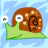 Pixelated cartoon snail with brown shell and green body on light blue background, static single-frame image.