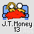 Two pixelated figures with blonde hair and white eyes sit on a blue couch under red covers, labeled 'J.T. Money 13' below.