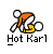 Pixelated character in orange hat and white body bends over yellow object with white spherical props on gray background, text "Hot Karl" below.