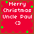 Red square icon with white text "Merry Christmas Uncle Paul" and a heart symbol, scattered green star shapes, and brown border details.