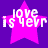 A static contact sheet of three identical animated frames showing a pink star with pixelated text on a purple background, each frame displaying the phrase "love is ever" in white block letters.
