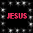 Black background with white star-like sparkles and four instances of the word JESUS in bright red uppercase letters arranged in a