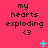A static image with a bright pink background displays repeated text 'my hearts exploding <3' in black pixelated font, accompanied by cyan animated elements.