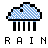 Pixelated cloud icon with blue raindrops and black outlines, repeated across beneath text reading "RAIN" in blocky letters