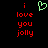 A static pixel art image with red text reading "i love you jolly" on both sides of a green heart symbol against black background.