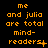 Orange pixelated text on black background reads 'me and julia are total mind-readers' with punctuation variations across three