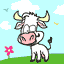 Animated cartoon cow with white body, pink face, and yellow horns stands on green grass under blue sky with clouds.