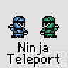 Animated contact sheet of 24 pixel art frames showing ninja teleporting with a blue character, featuring various poses, smoke effects, and text bubbles.