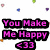 Pixelated text reads "You Make Me Happy <33" in pink with black outline over scattered colored dots on white background.
