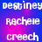 Pixelated text displays 'destiny', 'rachele', and 'creech' in white on a blue-to-pink gradient background with visible pixelation.