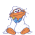 Pixelated cartoon character in white robe with blue collar, orange limbs and face, sitting cross-legged against gray background, head turning left to right