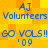 Pixelated blue text on a yellow-orange checkered background displays 'AJ Volunteers' and 'GO VOLS!! '09' in two identical vertical