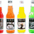 Four pixelated bottle icons in red, orange, yellow, and green with dark labels showing partial text.