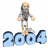 Animated sequence of a pixelated figure standing on '2004' text with varying arm positions across three